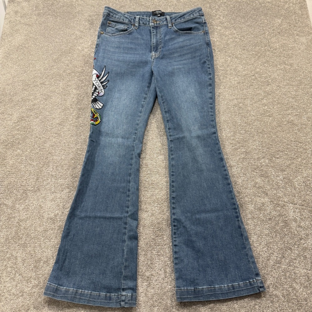 Ed Hardy Flare Jeans Womens 30 Blue Denim Tattoo Graphic Skull‎ Embroidered Y2K